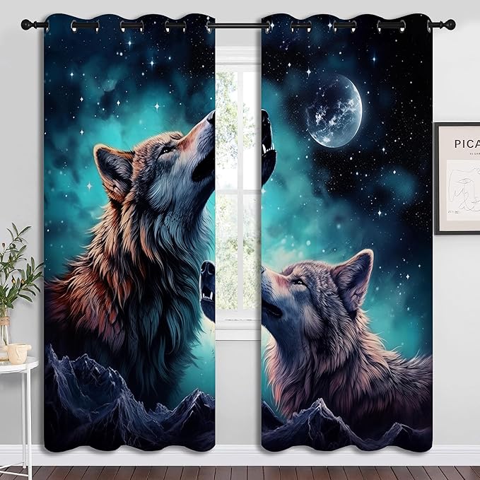 Wolf Blackout Curtains for Boys Girl Bedroom Decor,Starry Sky Howling Wolf Under The Full Moon Thermal Insulated Grommet Drapes Darkening Window Curtain for Living Room Home 84x63 inch
