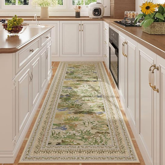 Runner Rug Impressionist-Style Vintage Kitchen Rugs Non Slip Washable Soft Carpet Runner for Kitchen Laundry Bedroom Bathroom, Beige