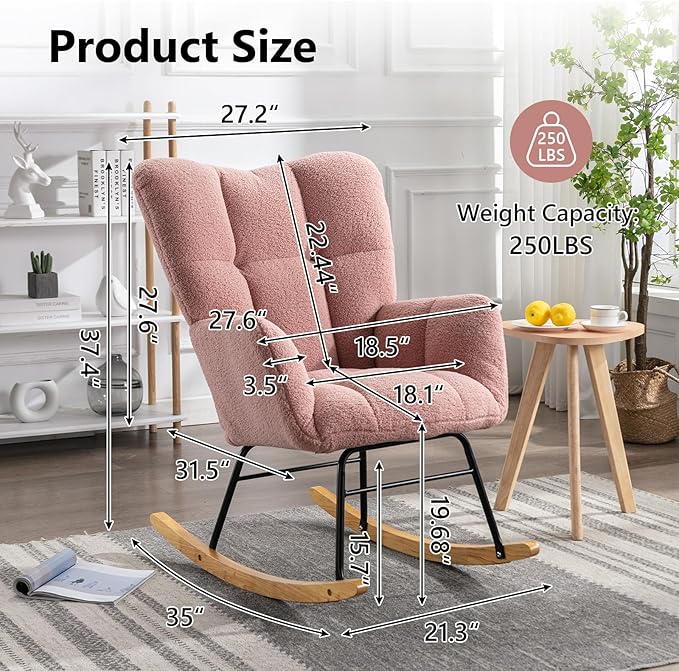 NIOIIKIT Nursery Rocking Chair Teddy Upholstered Glider Rocker Rocking Accent Chair Padded Seat with High Backrest Armchair Comfy Side Chair for Living Room Bedroom Offices (Pink Teddy)