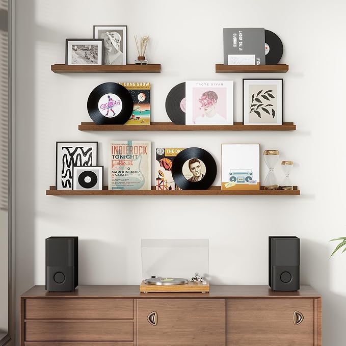 Picture Ledge Wall Shelves 24 inches Width Set of 3, Solid Pine Wood Rustic Floating Ledge Shelves for Wall for Kids' Room Bedroom Kitchen Bathroom Living Room Nursery Display Wall Decor, Walnut