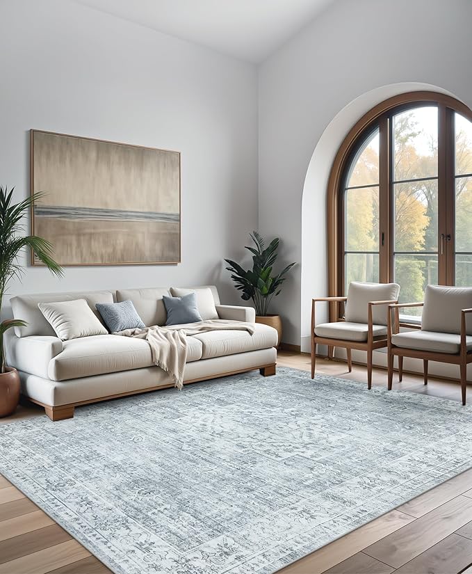 LIVEBOX Washable Area Rug 5x7 Rugs for Living Room Bedroom, Non-Slip Boho Neutral Carpet for Dining Room Office, Low-Pile Farmhouse Soft Carpets for Kids Nursery Room Playroom, Grey