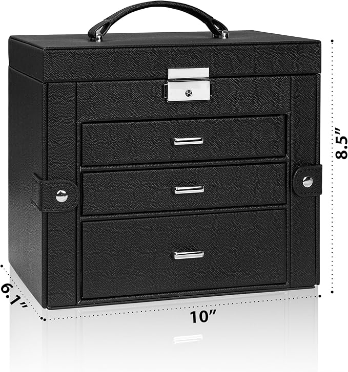 AKOZLIN 4-Tier Jewelry Box Lockable Leather Jewelry Storage Case Organizer with 3 Drawers for Women Girls Ring Necklace Earring Bracelet Watches Holder with Mirror