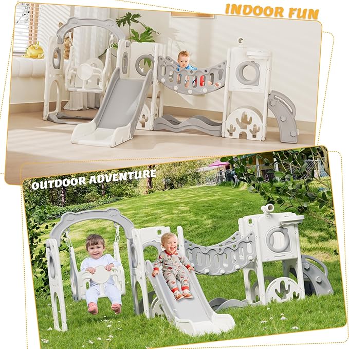 KORIMEFA 11 in 1 Toddler Slide and Swing Set, Kids Slide for Toddlers, Outdoor Indoor Playground for Toddlers 1-3, Toddler PlaySet with Basketball Hoop and Ball Golf Set, Climbing Arch(Grey)