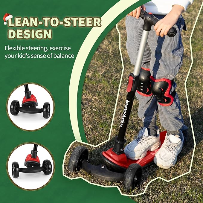 Besrey Kick Scooter for Kids Ages 3-10, 3-Wheel Folding Scooter with Adjustable Height, LED Light Wheels, Extra Wide Deck for Outdoor Activities