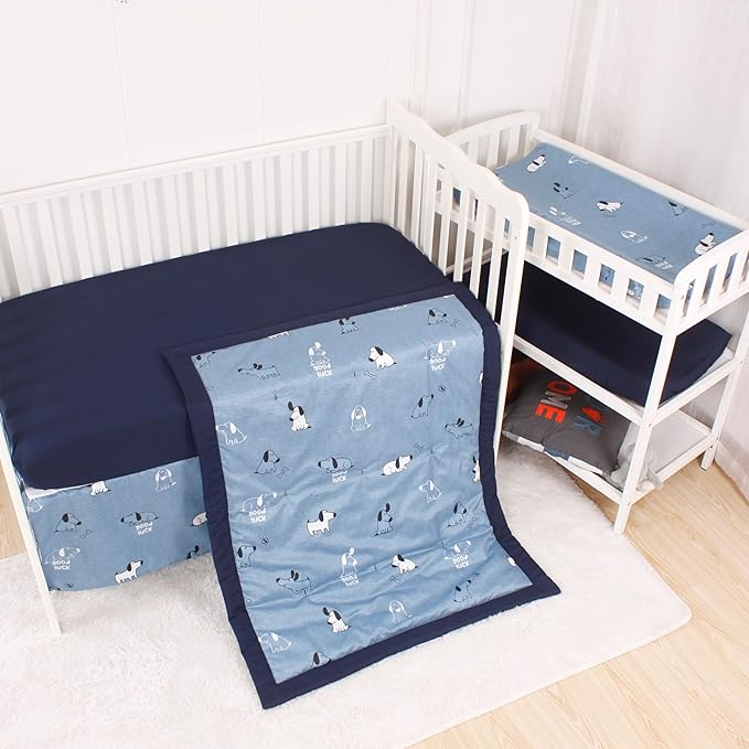 CaSaJa 4-Piece Crib Bedding Set for Boys and Girls, Nursery Baby Bedding Set Including Quilted Comforter with Fitted Crib Sheet and Changing Pad Covers, Reversible Quilt Design, Good Luck Puppy