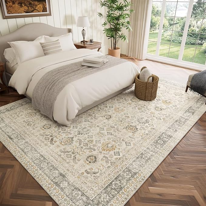 Washable 8x10 Area Rugs for Living Room, Boho Non-Slip Silicone Backing Rugs for Bedroom Dining Room Nursery Office, 0.3" Neutral Oriental Throw Carpet with 0.16" Cushioning Pad, Grey/Multi