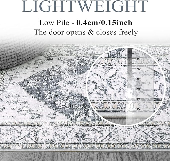 Lahome Boho Round Area Rug - 3Ft Round Rug Non-Slip Washable Bathroom Rug Low-Pile Throw Small Circle Carpet for Bedroom, Oriental Distressed Print Grey Round Mat for Entryway Sofa Kitchen Office