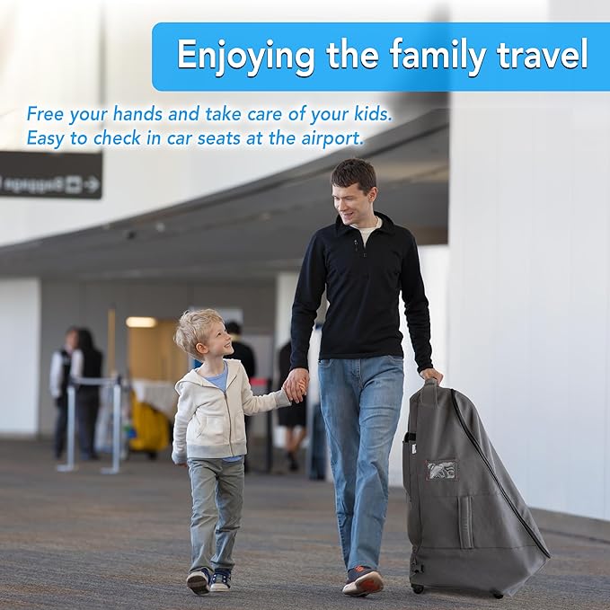 Car Seat Travel Bag with Wheels Heavy Duty Water-resistant Protective Cover for Airplane Travel & Rolling Design, Padded Handle,Padded Adjustable Strap (Grey)