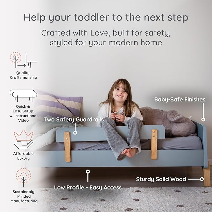 dadada Muse Blue Toddler Bed with 2 Removable Safety Rails. Low Profile Montessori Bed. Sturdy Solid Wood Frame, Fits Standard Crib Mattress, Easy to Assemble, Toddler Bed for Boys & Girls - Blue