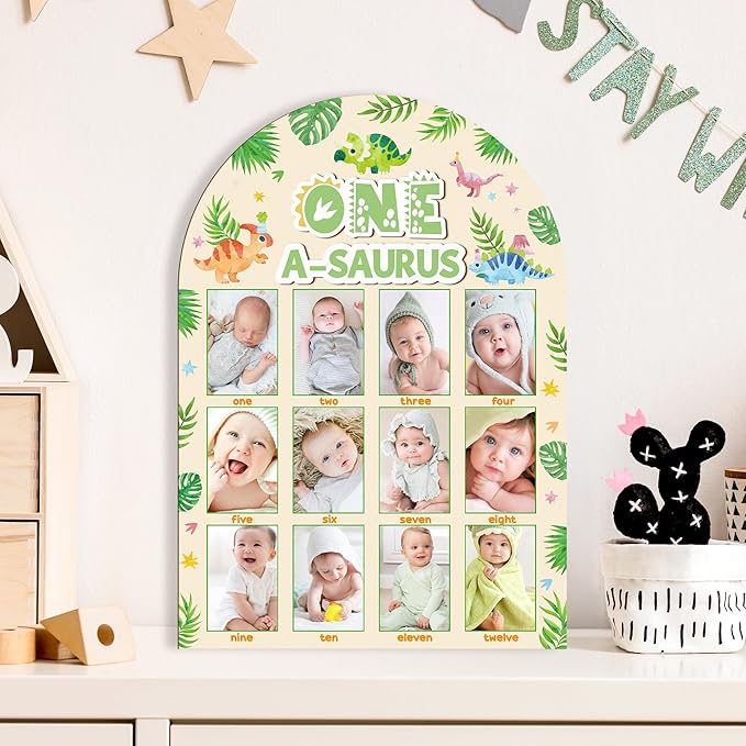 R HORSE My First Year Photo Frame Board, 3D One a Saurus Birthday Decorations Display Wood Board, Dinosaur Themed Baby First Year Picture Frame 12 Months Milestone 1st Birthday Nursery Decor Gift