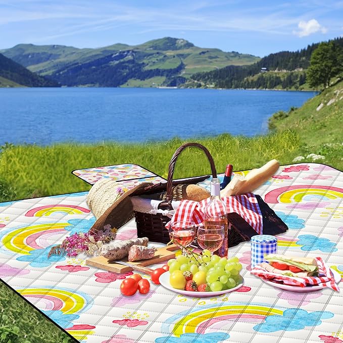 Extra Large Picnic Blanket Waterproof,80"x 80"Foldable Machine Washable Beach Blanket,Outdoor Blanket for 6-8 Adults,Picnic Mat Suitable for Indoor Crawling,Park Beach,Camping,Hiking,Travel (Rainbow)