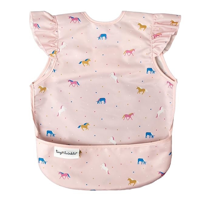 Tiny Twinkle Mess Proof Baby Bib - Waterproof & Lightweight Baby-Led Weaning Apron | 100% Recycled Polyester, Easy Clean & Machine Washable (Unicorn Confetti, Small 6-24 Months)