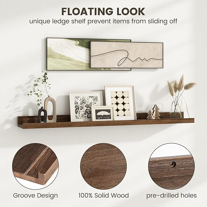 Fun Memories Picture Ledge Shelf, 36 Inch Floating Shelves for Wall, Nursery Bookshelf for Storage, Rustic Elm Wood Photo Ledge Shelves for Bedroom, Living Room, Kitchen (Walnut, 36in Set of 2)