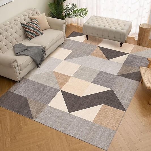 HOMFINE Washable Modern Area Rug - Geometric Style 5x7 Rugs for Living Room, Bedroom, Machine Washable Rug Soft Non Slip Non Shedding Area Rug - Grey Brown, 5'x7'