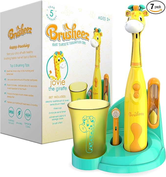 Brusheez Kids’ Electric Toothbrush Set - Safe & Effective for Ages 3+ - Parent Tested & Approved with Gentle Bristles, 2 Brush Heads, Rinse Cup, 2-Minute Timer, & Storage Base (Jovie The Giraffe)