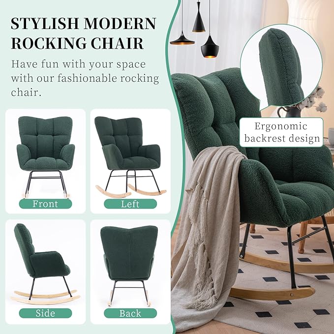 NIOIIKIT Nursery Rocking Chair Teddy Fabric Upholstered Glider Rocker Rocking Accent Chair Padded Seat with High Backrest Armchair Comfy Side Chair for Living Room Bedroom(Green Teddy)