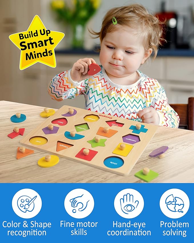 Coogam Montessori Toy Wooden Shape Peg Puzzle, Fine Motor Color Matching Sorting Board, Early Learning Educational Activity Toy Gift for Preschool Toddler Baby 3 4 5 Year Old
