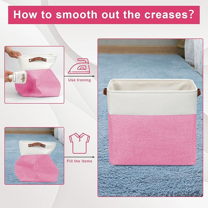 Large Fabric Storage Baskets | 50L Storage Bins, Decorative Linen Closet Baskets with Handles for Organizing, Shelf, Toys, Clothes, Home, Office, Nursery, 17x12x15Inches (Pink&White)