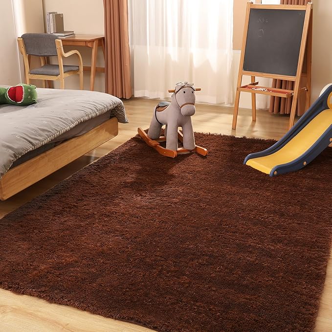 Area Rug 4x5.8, Soft Rugs for Living Room, Plush Fluffy Rugs for Bedroom, Non-Slip Indoor Carpet for Nursery, Study Room, Playroom, Home Decor, Brown