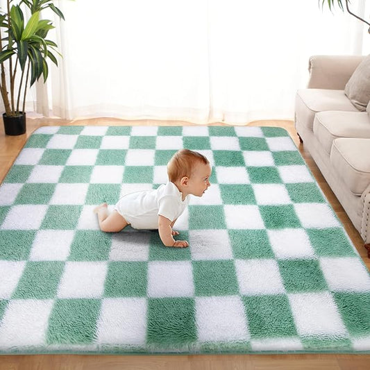 Super Soft Rug for Bedroom, 5x7 ft Sage Green and White Area Rug Classic Checkered Shaggy Anti-Skid High Pile Soft Fluffy Rug Fuzzy Carpet for Living Room Bedroom Kids Room Nursery, Dorm