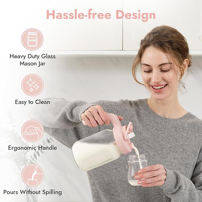 Papablic Glass Breastmilk Pitcher, Formula Mixing Pitcher with Mixing Handle Lid, Wide Mouth Mason Jar Mixer with Flip Locking Spout, Easy to Clean, BPA Free, Pink