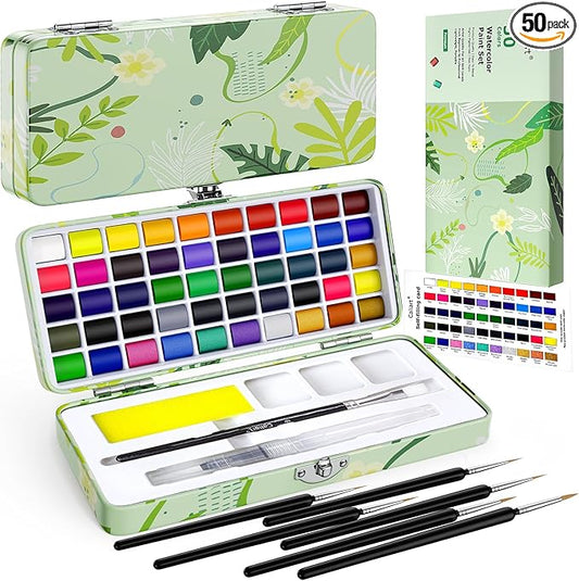 50 Colors Watercolor Paint Set with 6 Brushes, Portable Travel Water Color Kit with Carrying Case, Palette and Accessories, Non-Toxic Art Supplies Gift for Artists Adult Teen Kids Girls Boys
