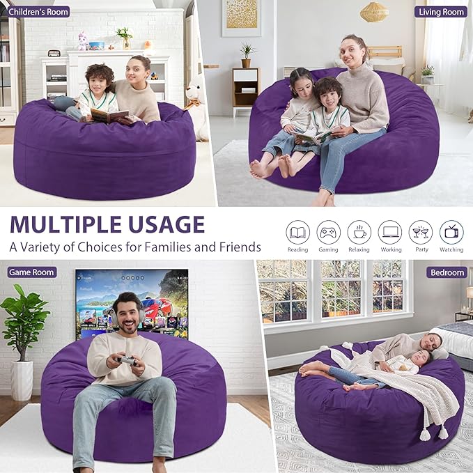 3FT Bean Bag Chair, Comfy Bean Bag Chairs with Memory Foam Filled, Fluffy Beanbag Sofa with Dutch Velvet Cover, Round BeanBag Chairs for Living Room, Playroom - Purple