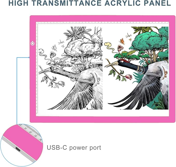 LitEnergy A3 LED Copy Board Light Tracing Box, Ultra-Thin Adjustable USB Power Artcraft LED Trace Light Pad for Tattoo Drawing, Streaming, Sketching, Animation, Stenciling (Pink)