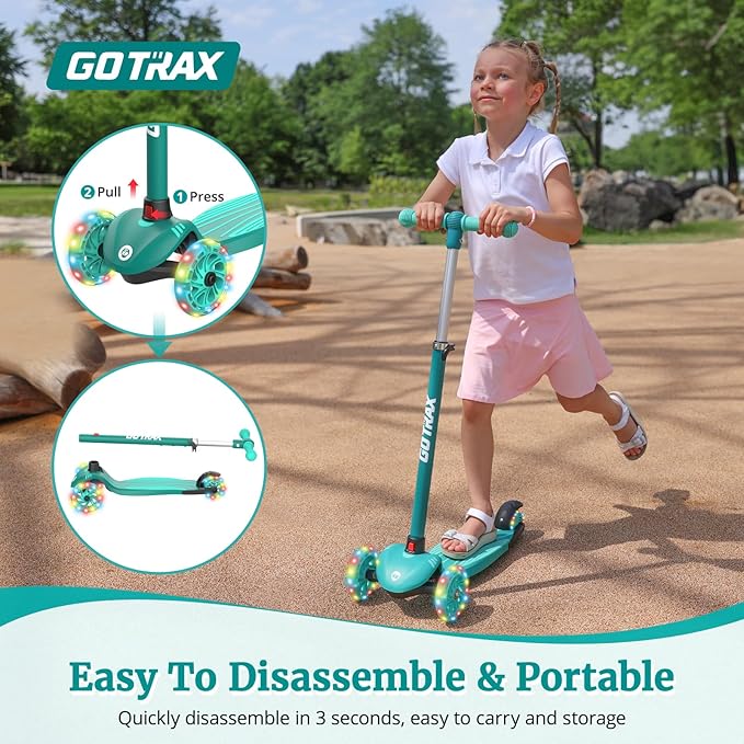 Gotrax KS1 Kids Kick Scooter, LED Lighted Wheels and 3 Adjustable Height Handlebars, Lean-to-Steer & Widen Anti-Slip Deck, 3 Wheel Scooter for Boys & Girls Ages 2-8 and up to 110 Lbs