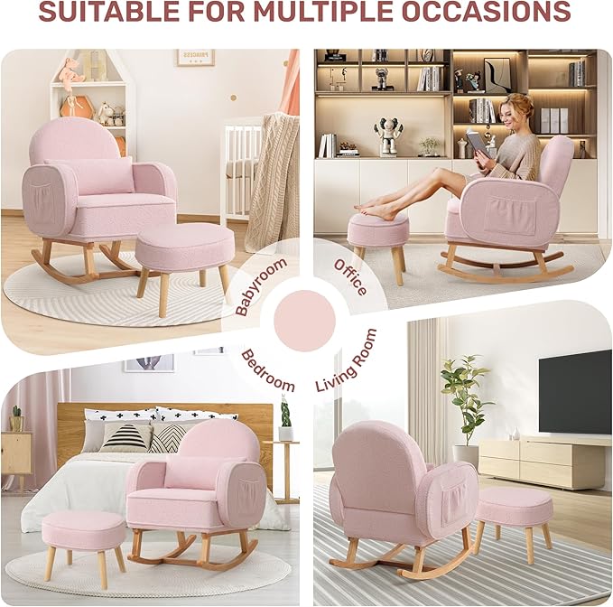 Rocking Chair Nursery with Ottoman, Upholstered Glider Rocker with High Backrest and Side Pocket, Rocking Accent Armchair with Solid Wood Legs for Nursery/Living Room/Bedroom Pink