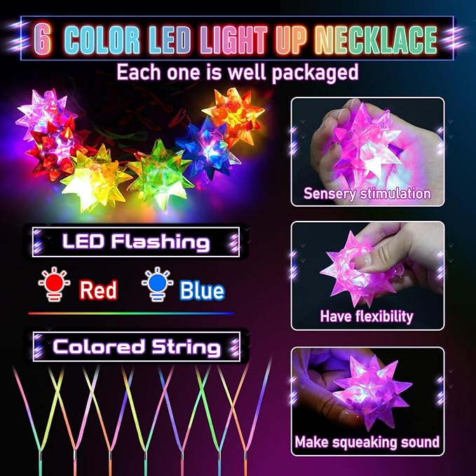 HONLYNE48 48 PCS Flashing Crystal Star Necklaces, LED Glow in The Dark Party Favors for Kids Adults Birthday Rave Halloween Goodie Bags Filler