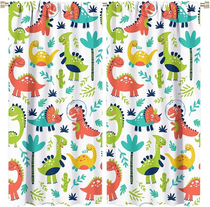 Rustic Dinosaurs Curtains Colorful Dino Kids Boys Cartoon Cute Cool Funny Decor Printed Blackout Rod Pocket Window Drapes for Living Room Bedroom W26xL84in 2 Panels
