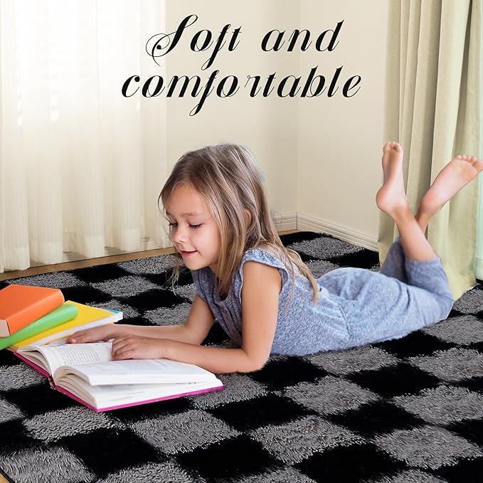 Super Soft Rug for Bedroom, 5x7 Ft Grey and Black Area Rug Classic Checkered Shaggy Rug Anti-Skid High Pile Soft Fluffy Fuzzy Carpet for Living Room Bedroom Kids Room Nursery, Dorm Home Decor