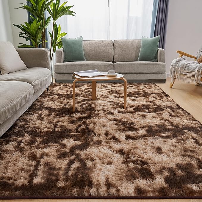6x9 Area Rugs for Living Room, Fluffy Shaggy Bedroom Rug Indoor Carpet, Anti-Skid Soft High Pile Rug for Nursery, Kids Room, Bedside, Home Decoration, Tie-Dyed Brown