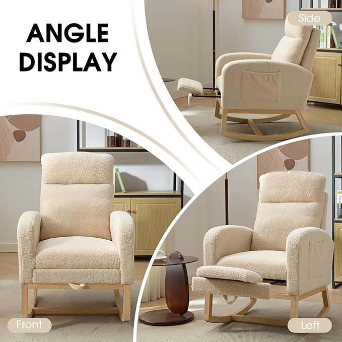 NIOIIKIT Modern Nursery Rocking Chair, Teddy Upholstered Rocking Chair with Footrest, Comfortable Rocker Recliner with Side Pocket, Glider Rocker for Living Room, Bedroom, Nursing Room (Cream)