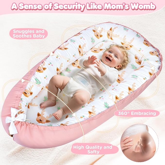 KISS GOLD Baby Lounger - Breathable Soft Cotton Cover Baby Lounger Nest, Babies Essentials Gifts, Portable Lounger for Baby Tummy Time Floor Playing Seated Support for Home and Travel