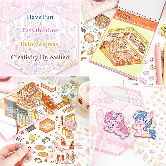 Scene Sticker Book for Kids,20 Sets of 3D Sticker Scenes for Adults Fun Mini Cute Kawaii Stickers Therapy 3D Scenes 3D House Stickers Set Relief Stress Pass The Time