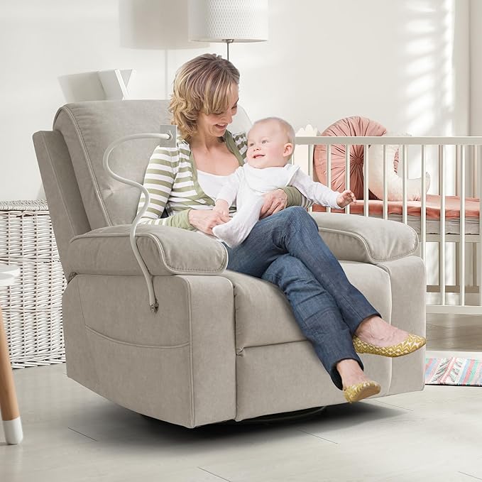 Rocking Chair Nursery Swivel Rocker Recliner with Phone Holder,Nursing Chair for Breastfeeding with Foot Rest,Beige