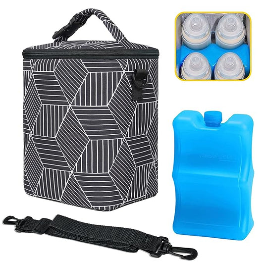 Breastmilk Cooler Bag with Ice Pack Fits 4 Baby Bottles Up to 9 Ounce Insulated Baby Bottle Bag Breast Milk Cooler on The Go with Strap Baby Bottle Cooler Bag for Nursing Mom Daycare or Travel