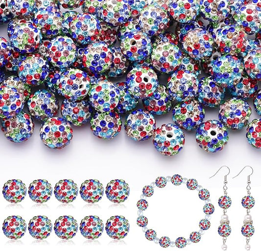 105pcs 10mm Rhinestone Beads for Jewelry Making, White Mixed Shiny Round Disco Ball Beads Bulk, Sparkle Crystal Clay Christmas for Bracelet Baseball Necklace Earring Crafting and DIY