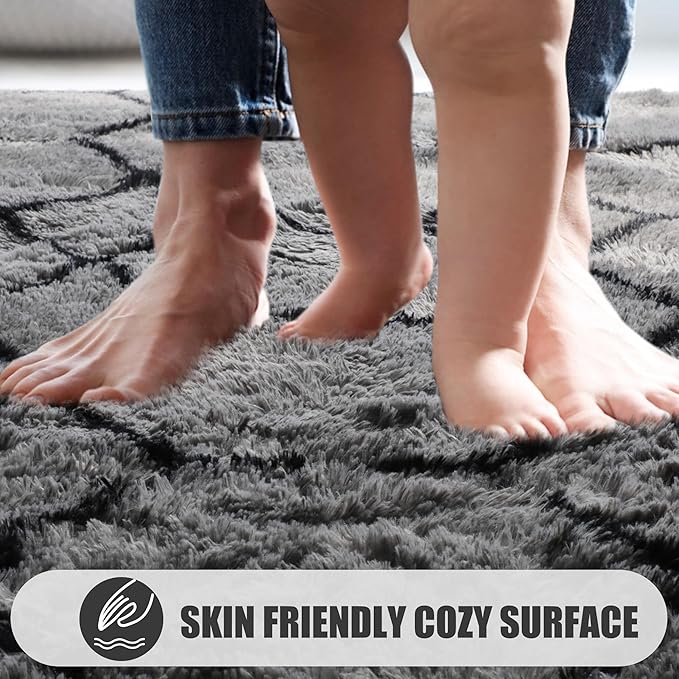 ONASAR Area Rugs for Bedroom Living Room, Washable 4x6 Fluffy Grey and Black Rug, Shaggy Geometric Floor Mat for Home Decor Aesthetic, Soft Plush Fuzzy Carpet for Nursery Kids Teen Dorm