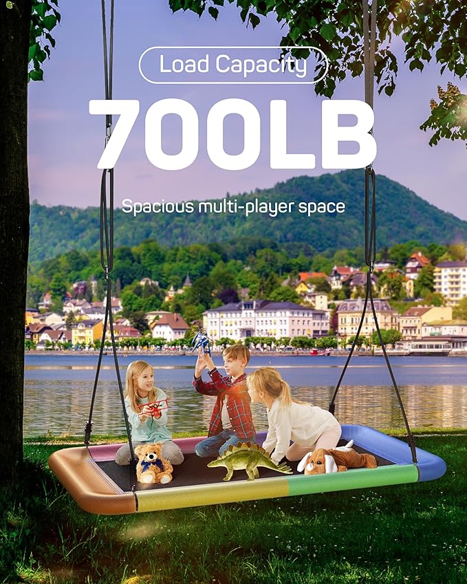 Tree Swing for Kids and Adults, 60" Waterproof Rectangle Platform Swing, 700lbs Heavy Duty with Adjustable Straps, Rainbow