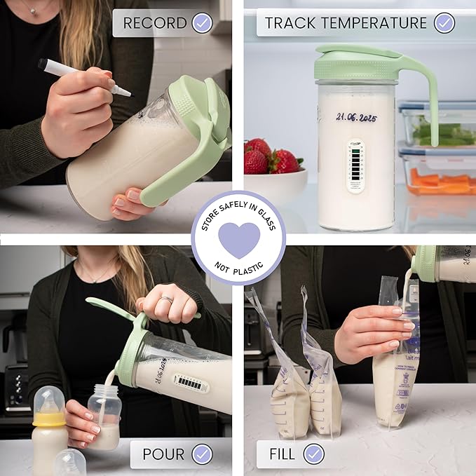Masontops Breast Milk Storage Kit - 24oz Airtight Mason Jar with Handle, Marker & Stick-on Thermometer for New Moms