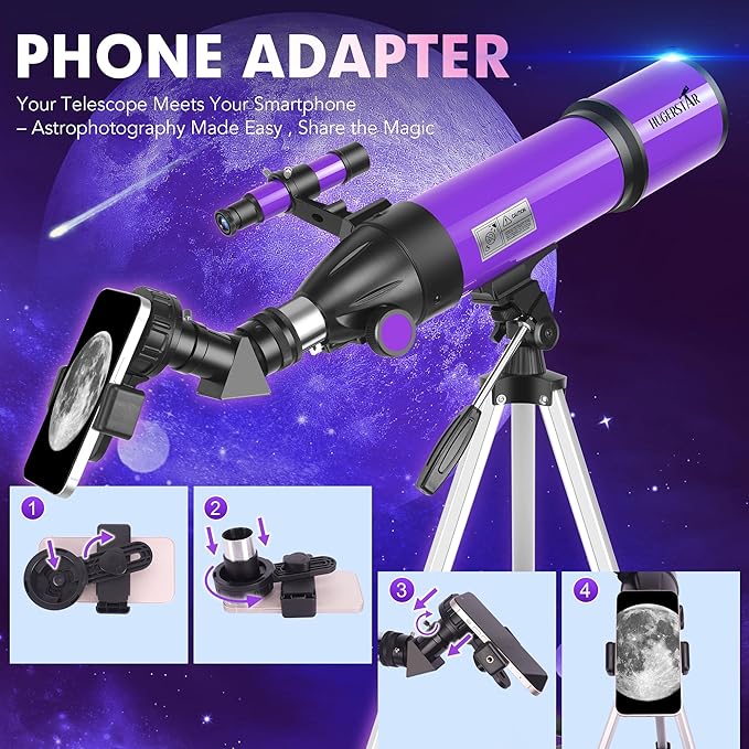 Telescope, Telescope for Adults & Kids & Astronomy Beginners, 80mm Aperture 600mm Portable Refractor Telescopes Fully Multi-Coated Optics with AZ Mount Tripod, Phone Adapter and Moon Filter
