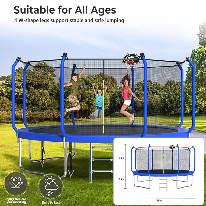 Upgraded Trampoline 8FT/10FT/12FT/14FT With Basketball Hoop, Light, Sprinkler, Stakes - Outdoor Backyard for 4-6 Kids and Adults