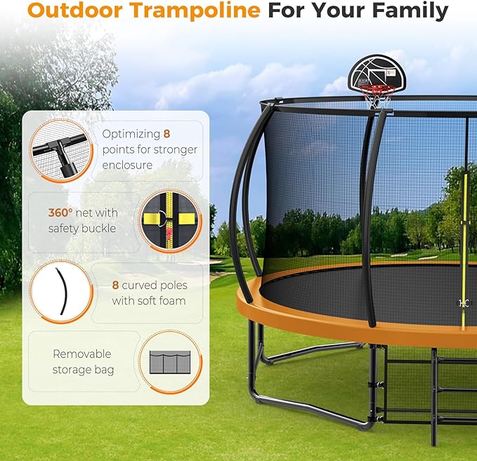 Tatub Large Trampolines Outdoor 10 12 14 15 16FT for Kids and Adults,Outdoor Recreational Pumpkin Trampolines with Curved Poles and Safety Enclosure Net, Basketball Hoop, Ladder
