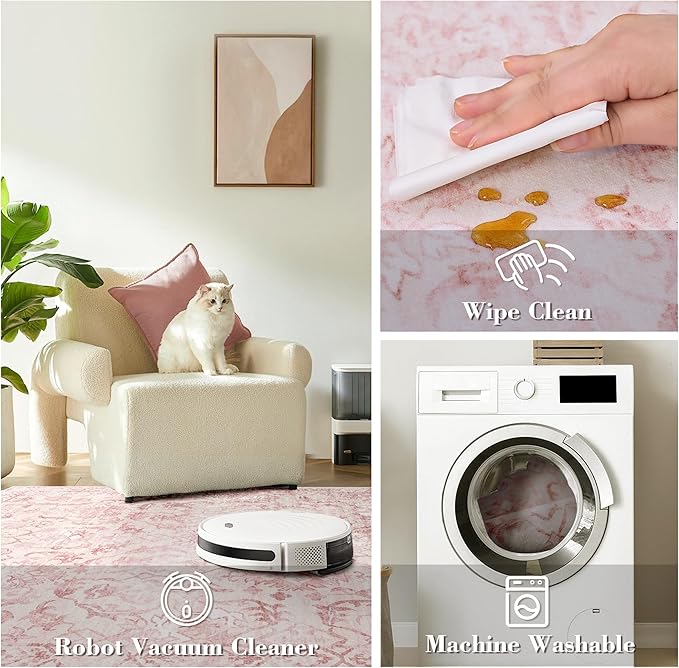 Pink Area Rugs 5x7 Rugs for Living Room, Machine Washable Rugs for Bedroom, Distressed Vintage Living Room Rug, Rug Non Slip Carpet Cream Green Area Rug for Dining Room Office