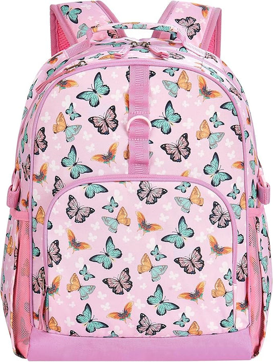 Choco Mocha Butterfly Backpack for Girls, Elementary School Backpack for Girls Ages 6-8 Kids Kindergarten Backpack Bookbag 17 Inch with Chest Strap, Pink
