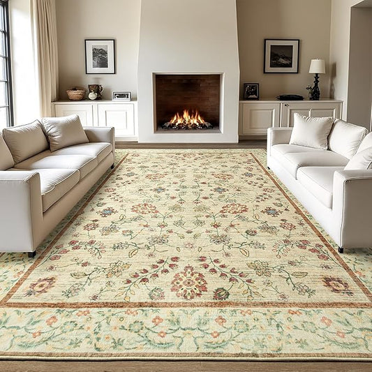 LOCHAS Washable Area Rugs 5x7, Beige Floral Rug for Living Room Bedroom Non Slip, Ultra Soft Vintage Indoor Carpet for Kids, Nursery, Dorm, Dining Room, Classroom, Boho Flower Home Decor, Low-Pile