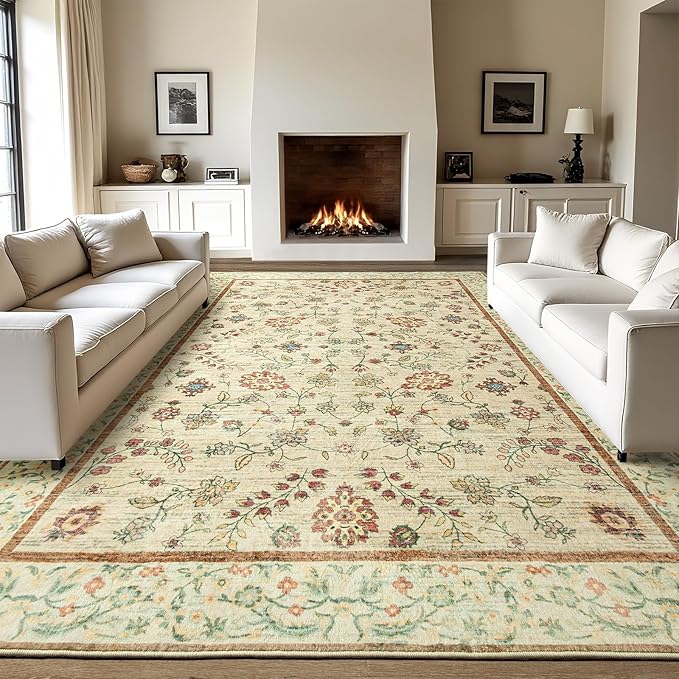 LOCHAS Washable Area Rugs 8x10, Beige Floral Rug for Living Room Bedroom Non Slip, Ultra Soft Vintage Indoor Carpet for Kids, Nursery, Dorm, Dining Room, Classroom, Boho Flower Home Decor, Low-Pile
